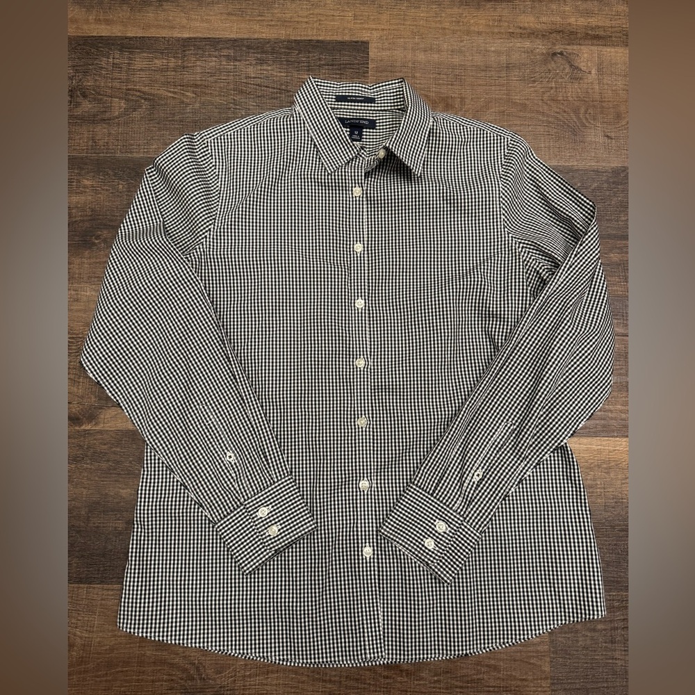 Lands’ End Size 12 Wrinkle Free Gingham Shirt Black White Button Down Top